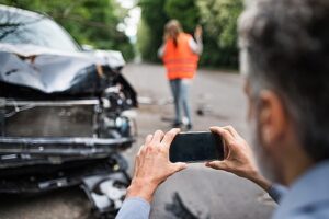 A man taking photos of a car crash for evidence.