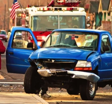 A blue pick-up truck with a broken bumper.