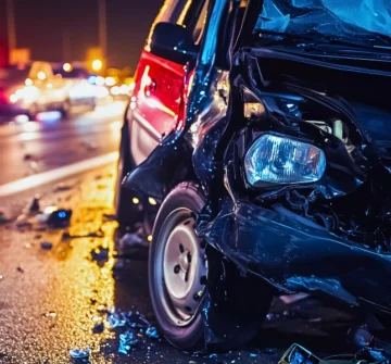 Wrecked car blocking traffic on highway at night after dangerous collision. loved one died in a car accident Car Accident Liability