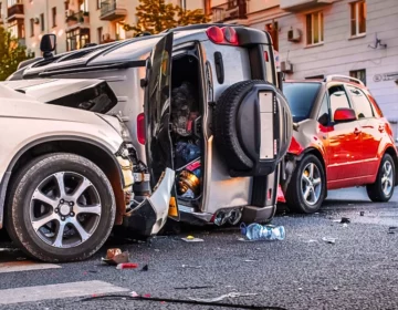 Car crash accident. Collision and damage in the city of three cars. damages in a multi-car accident