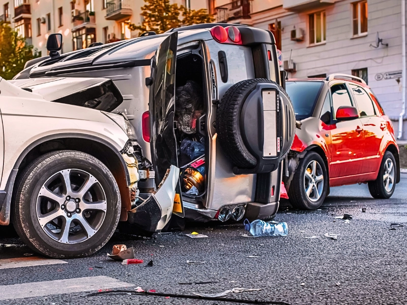 Car crash accident. Collision and damage in the city of three cars. damages in a multi-car accident