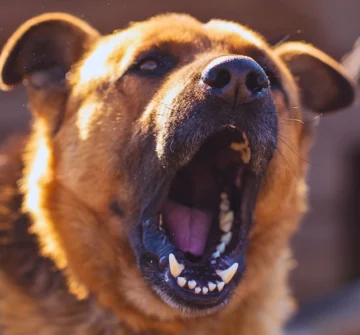 An angry dog barks near the house .