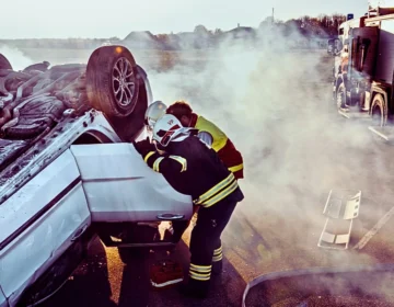 On the Car Crash Traffic Accident Scene: Rescue Team of Firefighters Pull Female Victim out of rollover vehicle.