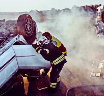 On the Car Crash Traffic Accident Scene: Rescue Team of Firefighters Pull Female Victim out of rollover vehicle.