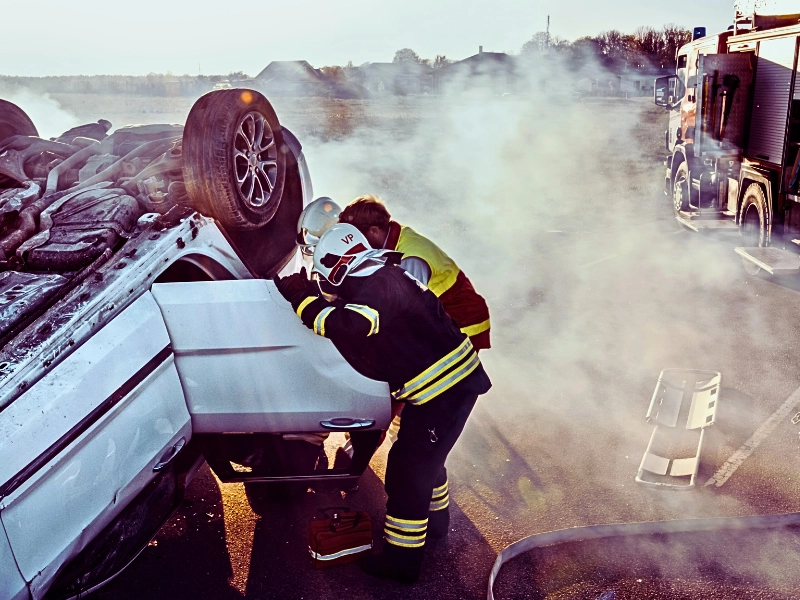 On the Car Crash Traffic Accident Scene: Rescue Team of Firefighters Pull Female Victim out of rollover vehicle.