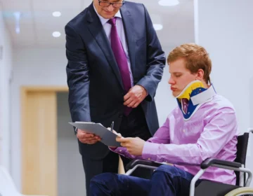 A man in a dark suit with a purple tie standing next to a person seated in a wheelchair. Ohio Comparative Negligence