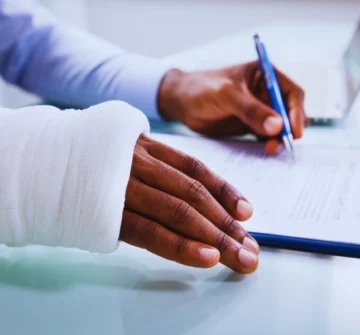 A close-up of a person's hand and forearm wrapped in a white cast or bandage. The person is holding a pen and appears to be writing or filling out a form on a clipboard. Tri-State Work Injuries