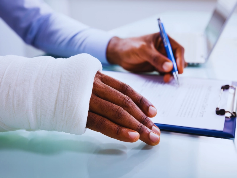 A close-up of a person's hand and forearm wrapped in a white cast or bandage. The person is holding a pen and appears to be writing or filling out a form on a clipboard. Tri-State Work Injuries
