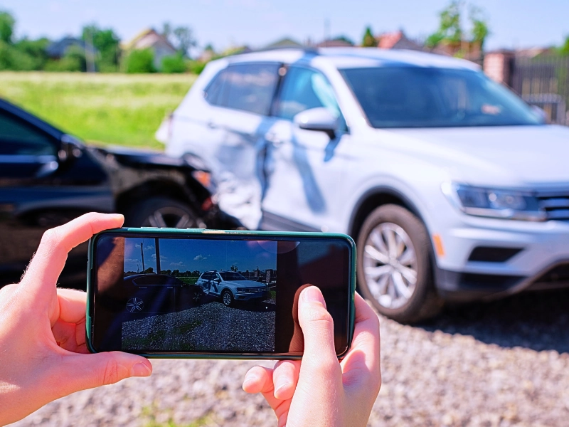 Hands using smartphone to photograph side-impact car accident. if fault is disputed after a car accident