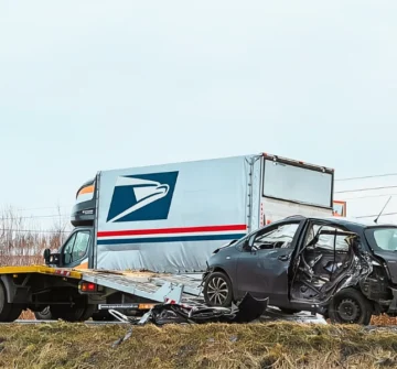 A heavily damaged grey car sits beside a flatbed tow truck on a roadside, with a USPS delivery truck behind them.