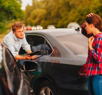 A man looks in a confrontational and annoyed manner at a woman who is clutching her head in worry, as her car has collided with his. car accident involves drivers from different states