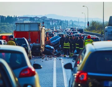 Emergency responders working at a major multi-car highway accident scene.