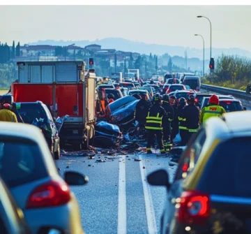 Emergency responders working at a major multi-car highway accident scene.