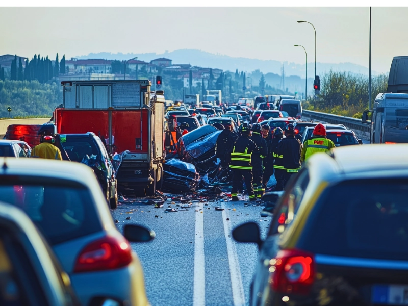 Emergency responders working at a major multi-car highway accident scene.