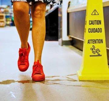 Person wearing red sneakers stepping near a yellow wet-floor sign. store owners responsible for customer injuries