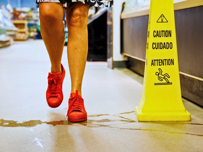 Person wearing red sneakers stepping near a yellow wet-floor sign. store owners responsible for customer injuries