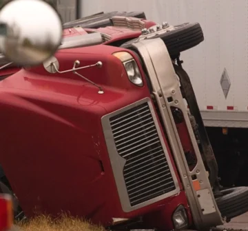 A red semi truck lays on it's side after the commercial truck has brake failure.